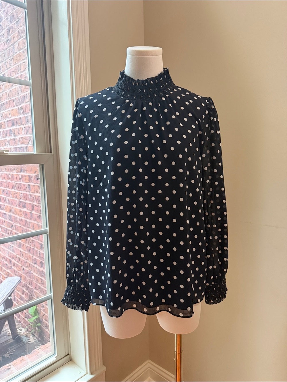 Navy Polka Dot J. Crew Long-Sleeve Smocked Neck Top